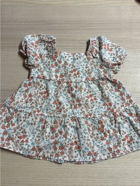 Cream Floral Ruffle Tiered Top for Girls - Orange & Green Print